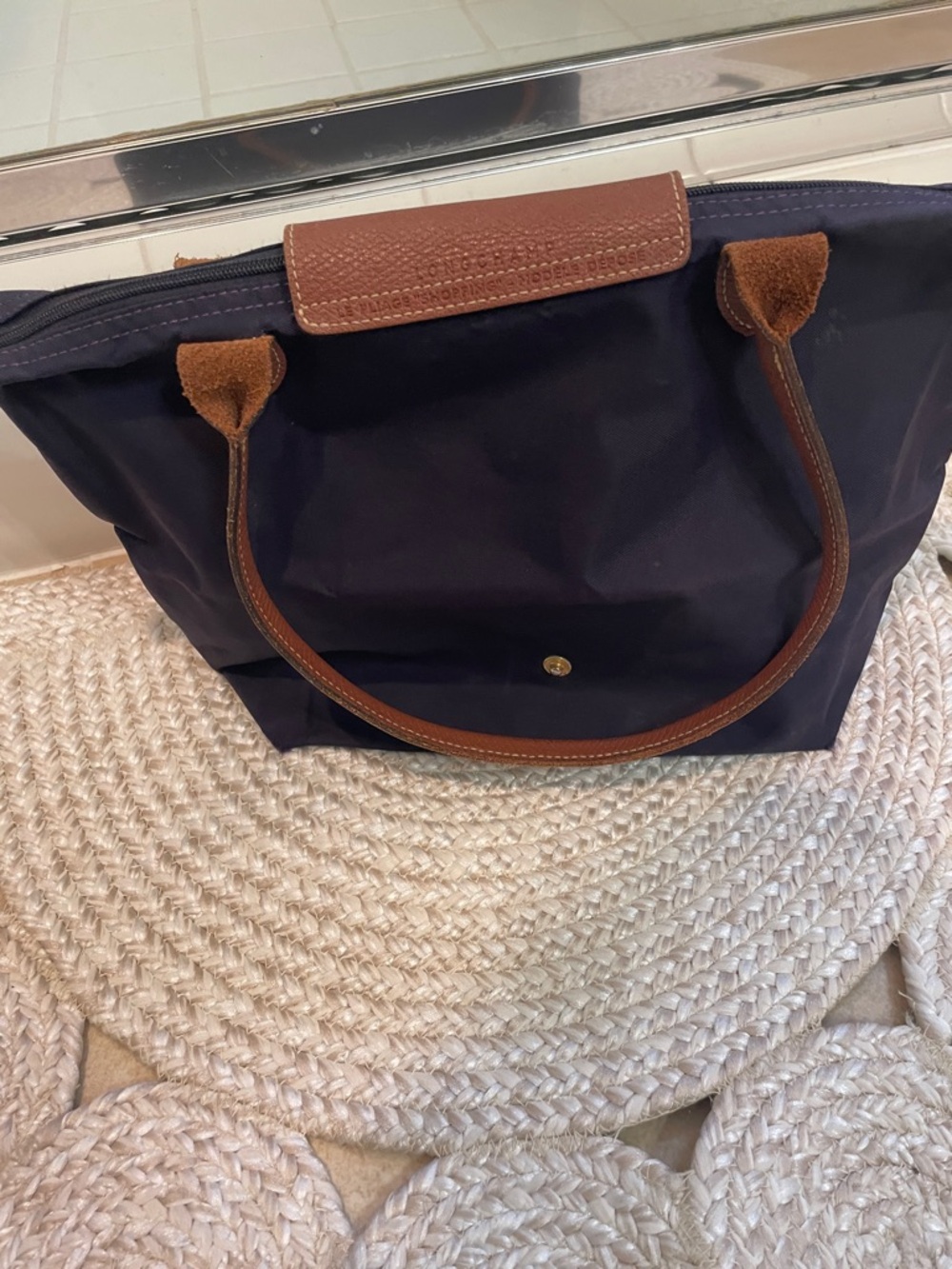 Long champ Navy Blue Tote Bag with Brown Trim - Classic Everyday Carry - Picture 2 of 9